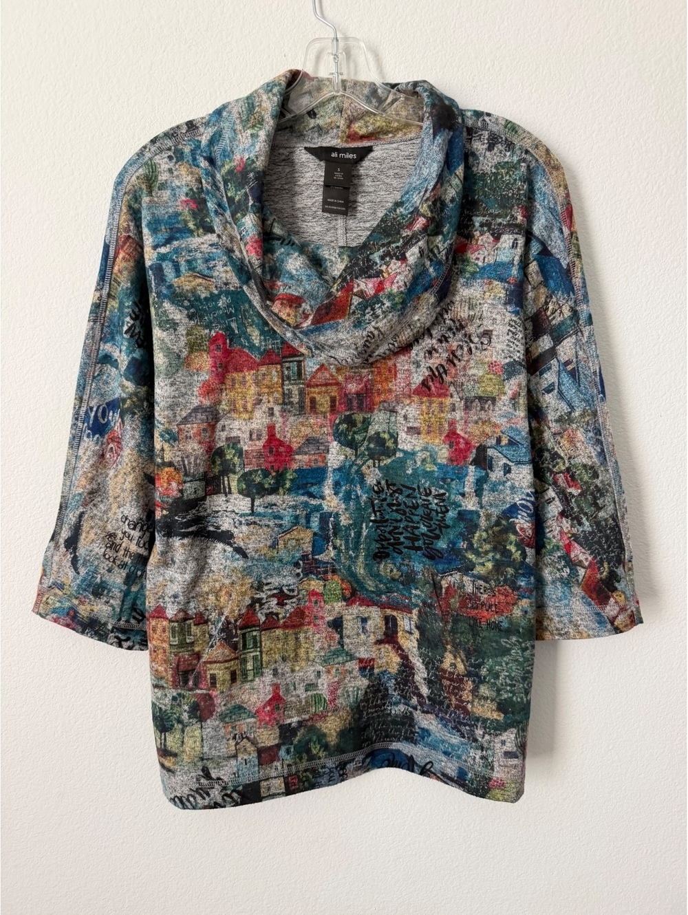 Ali Miles 3/4 Sleeve Cowl Neck Multicolor Abstract Stretch Tunic Blouse Size S